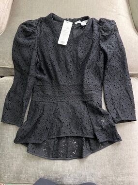 NWT Veronica Beard Mayme Black Lace Peplum Top Size 6 Puff Sleeve Blouse